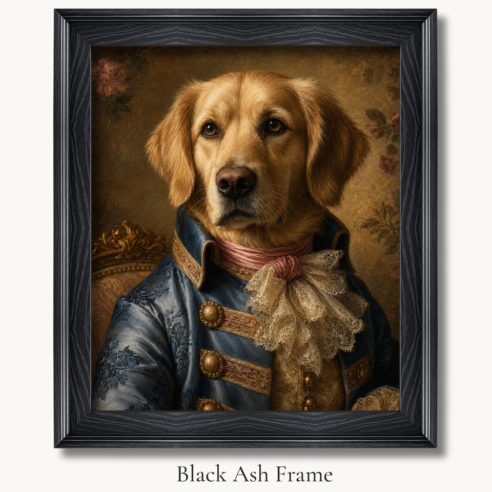 Golden retriever in a blue Napoleonic military coat with gold buttons in a black ash picture frame.