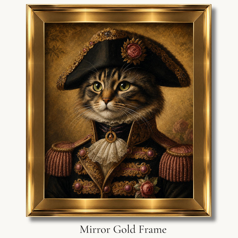 Tabby cat general in a feathered bicorne hat and decorated uniform in a mirror gold picture frame.