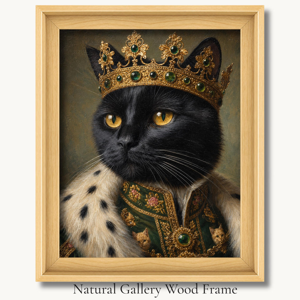 Black cat in a jeweled crown and white fur-trimmed mantle in a natural gallery wood picture frame.