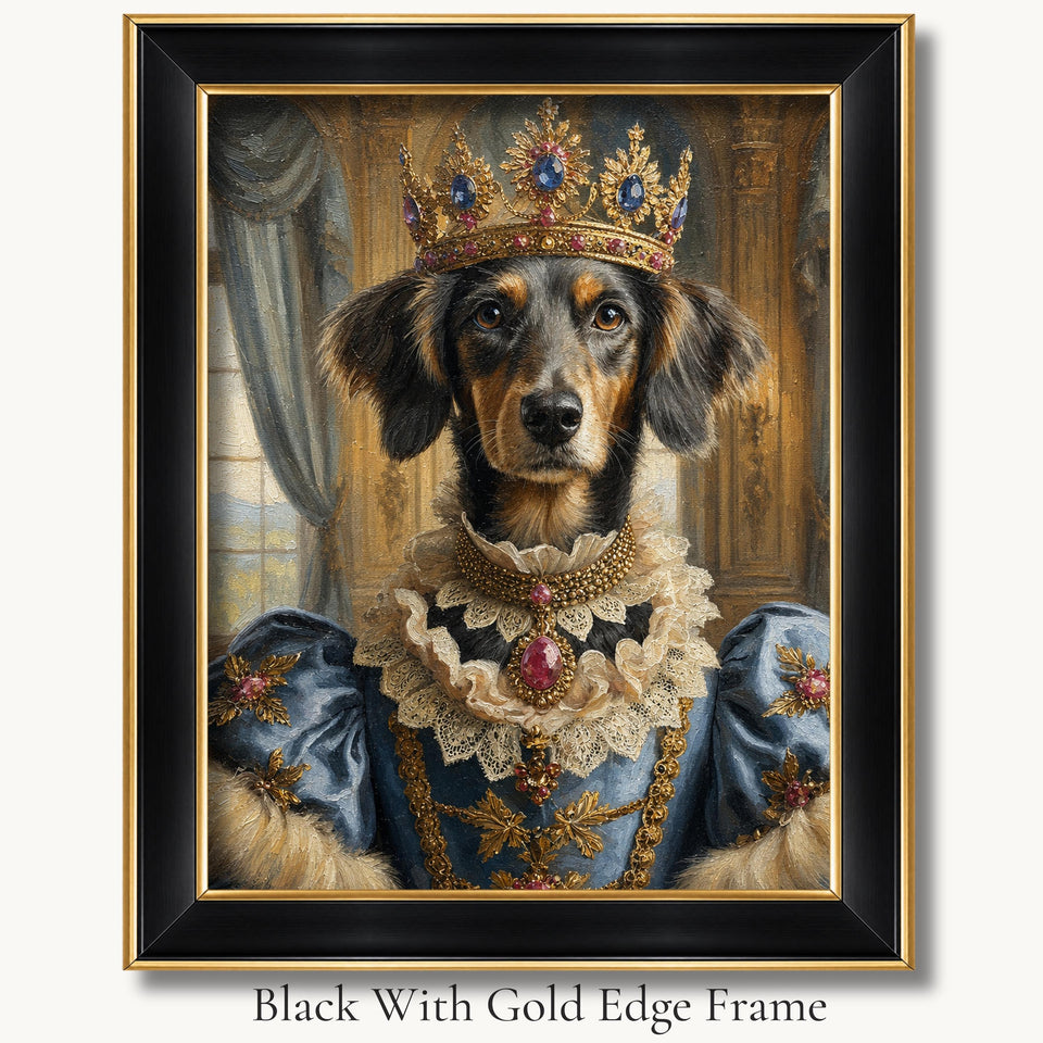 Long-haired dachshund in a crown and blue queenly gown in a black with gold edge picture frame.