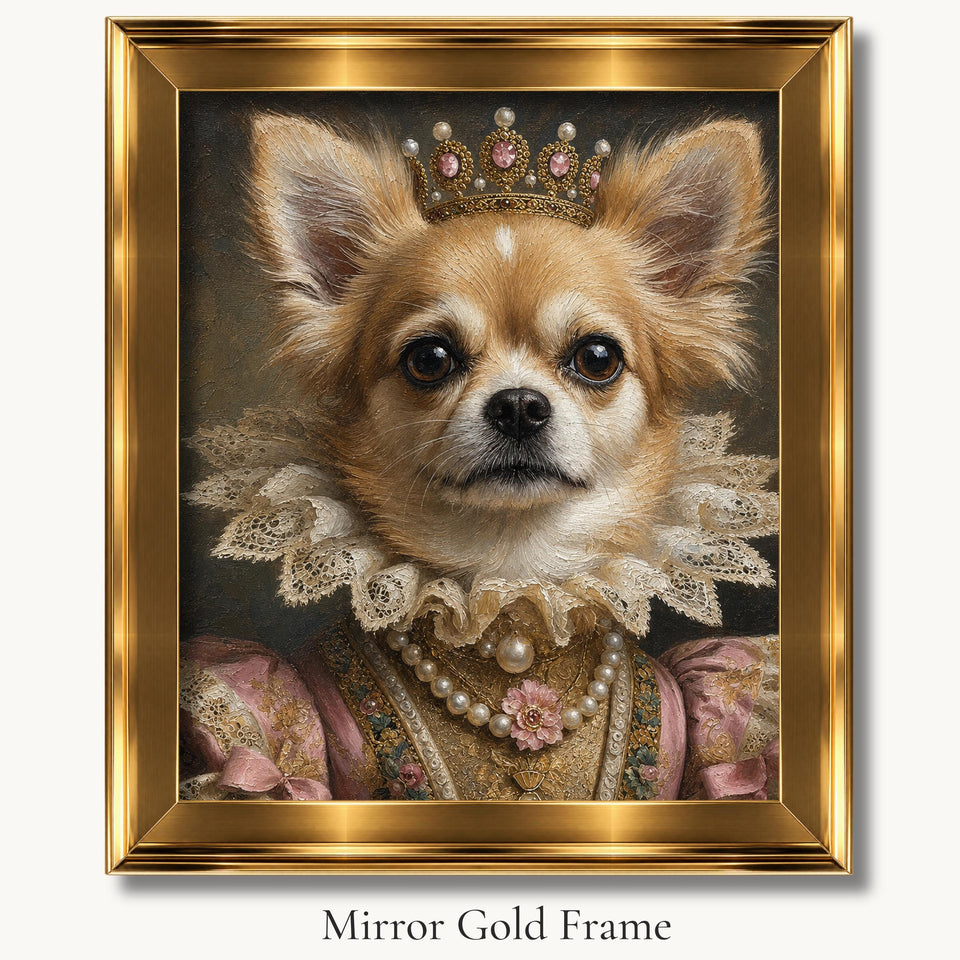 Chihuahua in a pink lace gown, pearl necklace and jeweled crown in a mirror gold picture frame.