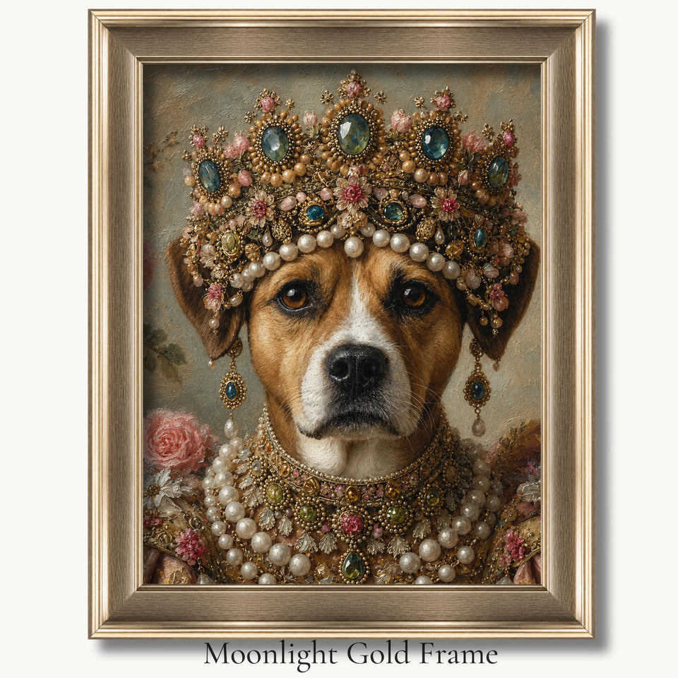 Beagle in a gem-covered crown, pearl collar and floral royal gown in a moonlight gold picture frame.