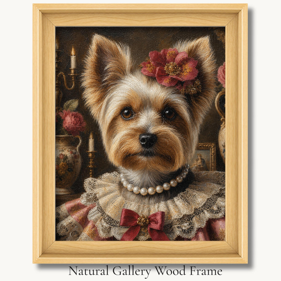 Yorkshire terrier in a red flower headpiece and pearl-trimmed gown in a natural gallery wood picture frame.