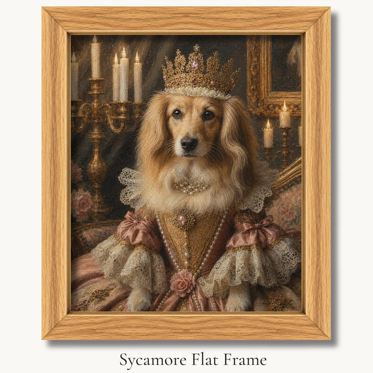 Golden retriever in a crown and cream royal gown beside candles in a sycamore flat picture frame.