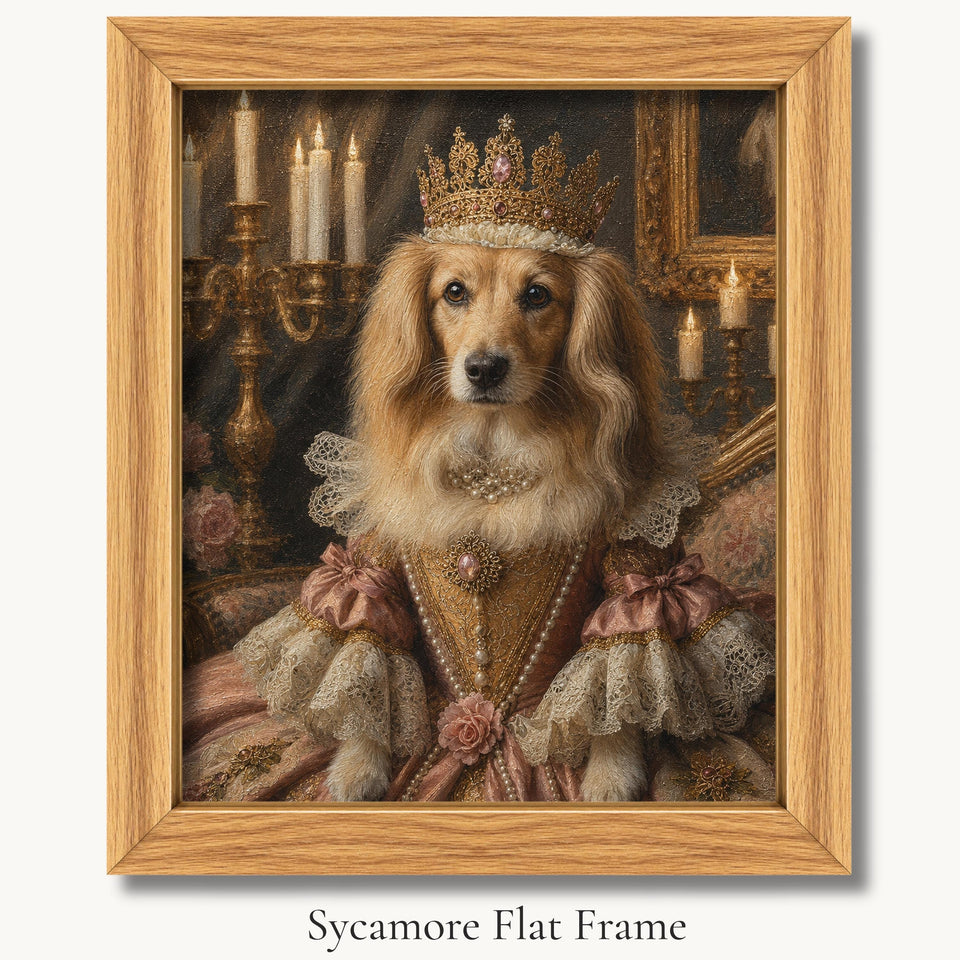 Golden retriever in a crown and cream royal gown beside candles in a sycamore flat picture frame.
