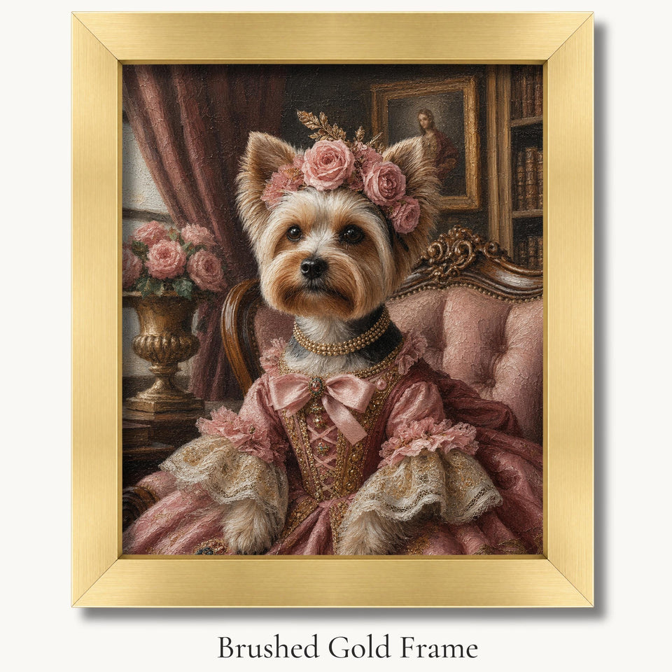 Yorkshire terrier in a pink dress and rose flower crown in a brushed gold picture frame.