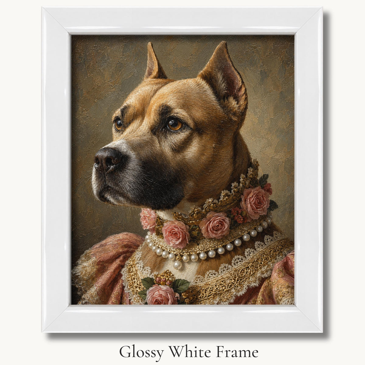 Tan dog in a pink brocade gown with a rose-and-pearl collar in a glossy white picture frame.