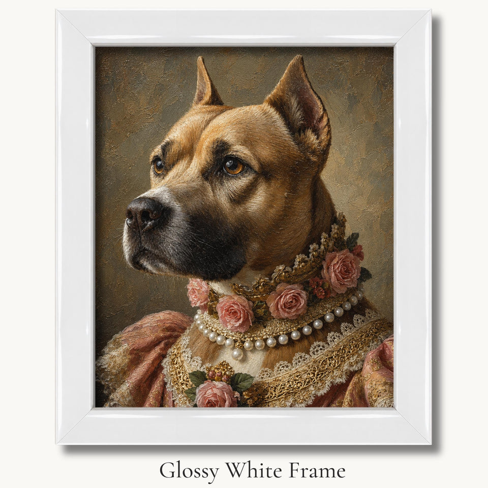 Tan dog in a pink brocade gown with a rose-and-pearl collar in a glossy white picture frame.