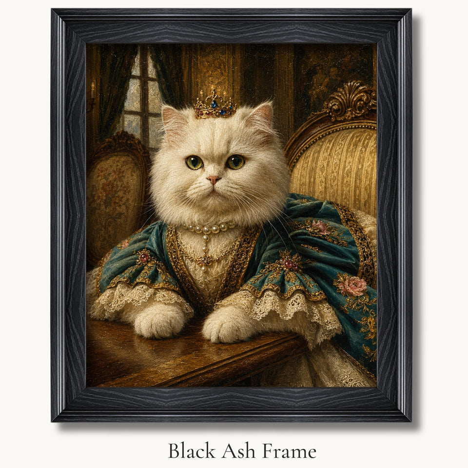 White Persian cat in a crown and teal royal robe, seated on a throne in a black ash picture frame.