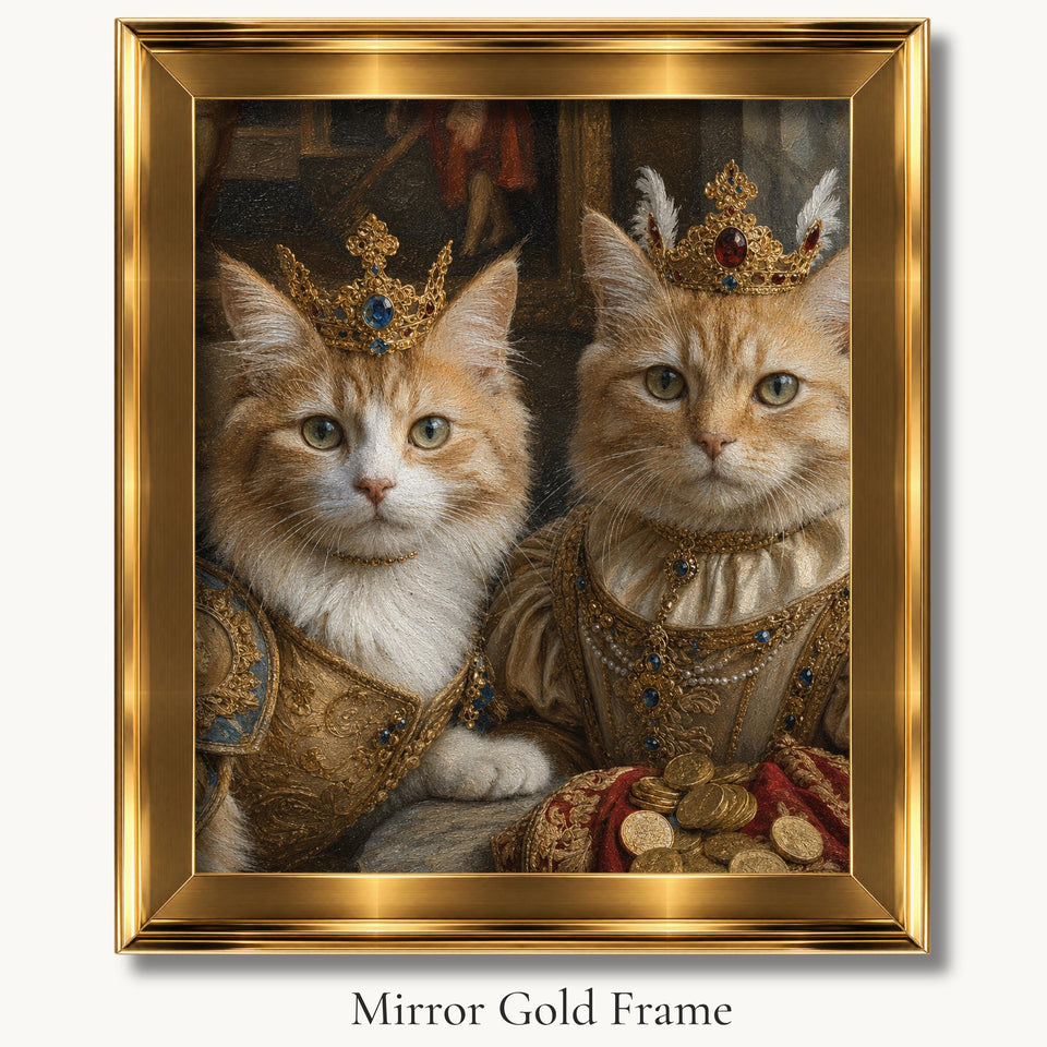 Two orange cats in crowns and jeweled Renaissance costumes in a mirror gold picture frame.