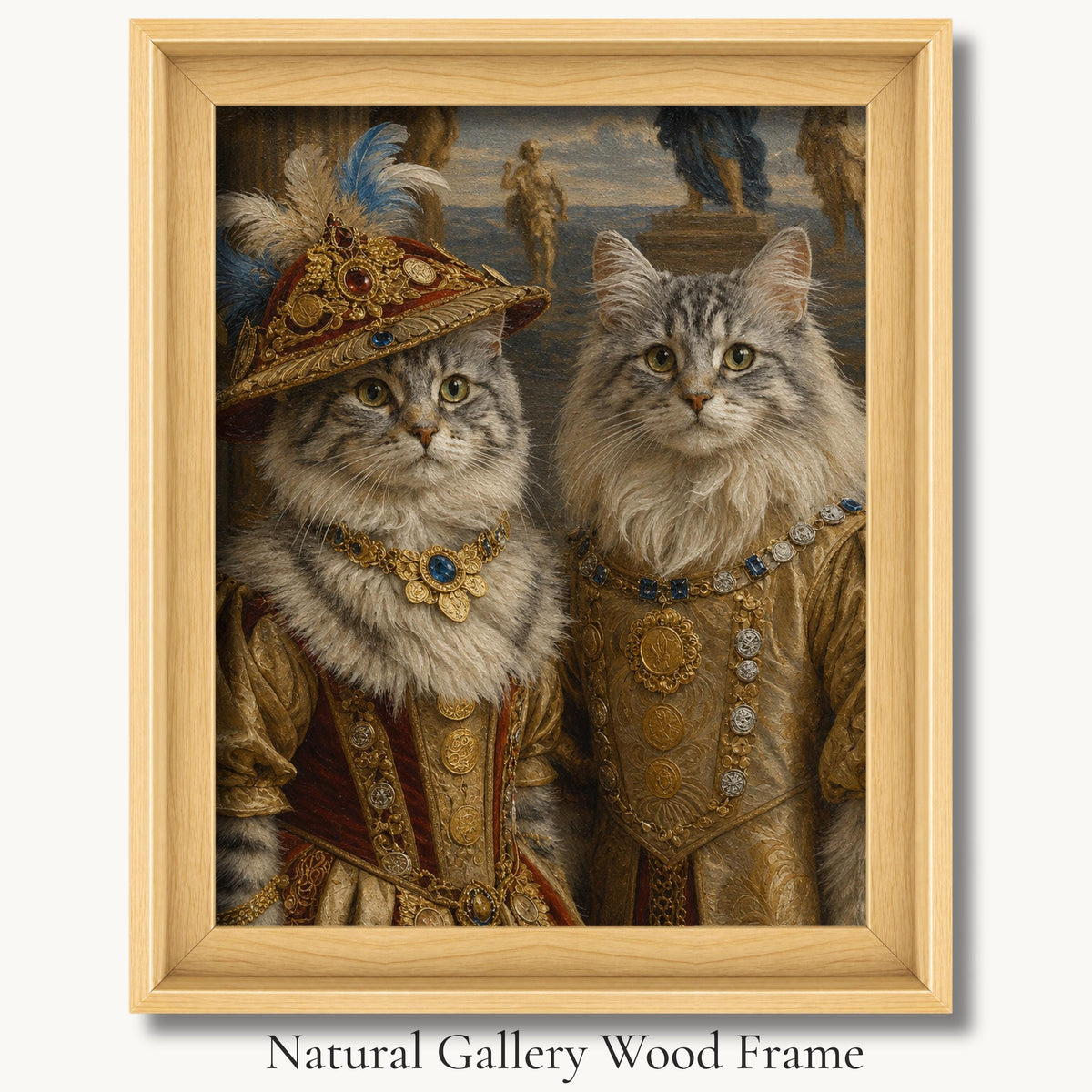 Two gray cats in gold Renaissance outfits, one wearing a feathered cap in a natural gallery wood picture frame.