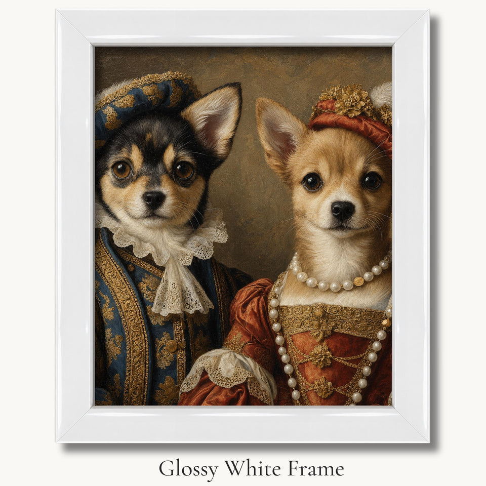 Black-and-white and tan small dogs in jeweled Renaissance couple outfits in a glossy white picture frame.