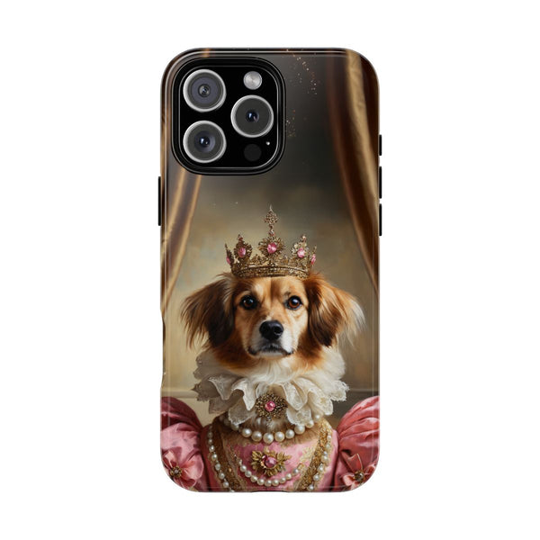 Custom royal dog phone case – pet portrait of queen dog in pink gown with crown