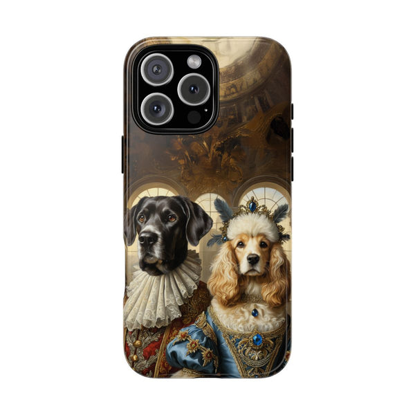 Custom royal dog couple phone case with black and golden dog
