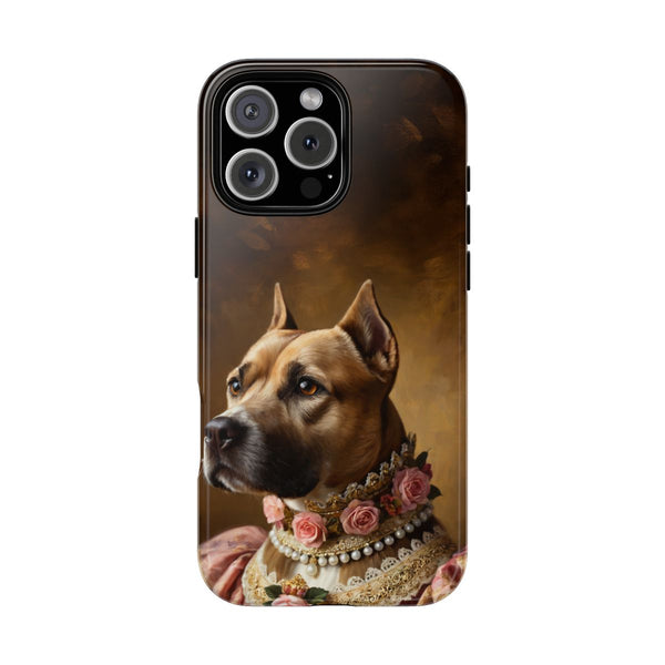 “Custom dog phone case – royal pet portrait with roses and pearls”