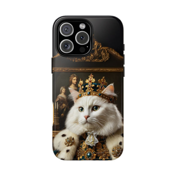 Custom white cat phone case – royal king portrait with jeweled crown