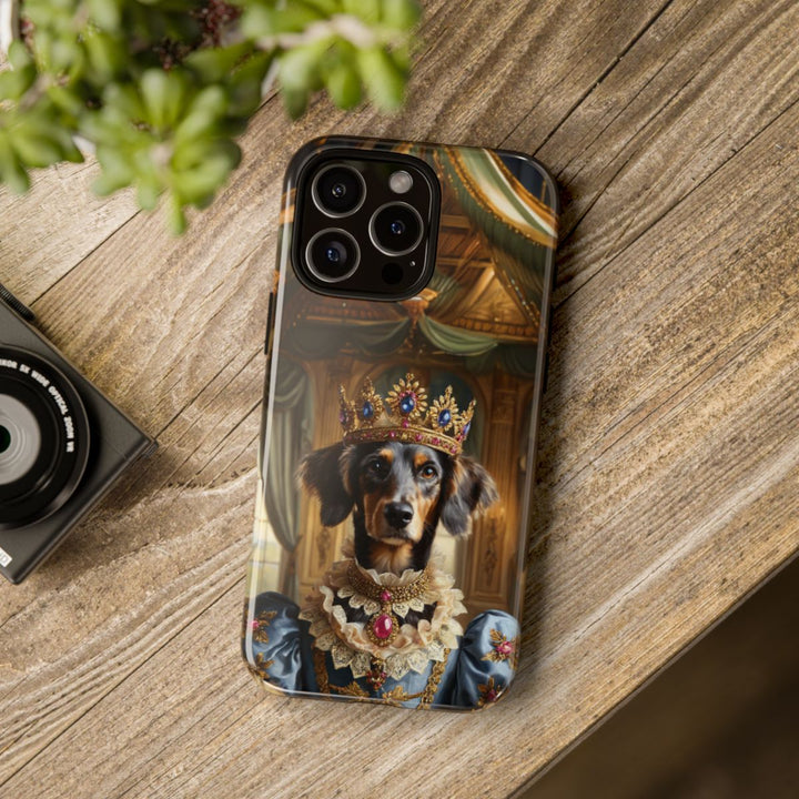 Custom royal dog phone case – queen dog in blue gown with gemstone crown