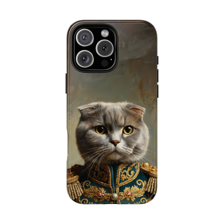 Scottish Fold cat phone case – royal general portrait in gold-embroidered uniform