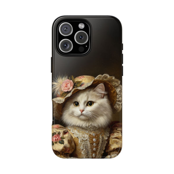 Custom cat phone case – royal floral portrait with lace gown and hat