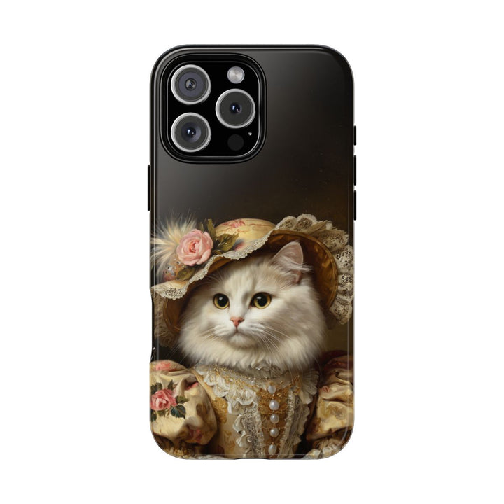 Custom cat phone case – royal floral portrait with lace gown and hat