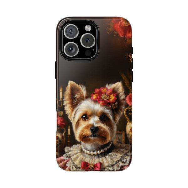 Royal Yorkie phone case – dog portrait with red flower and pearl necklace