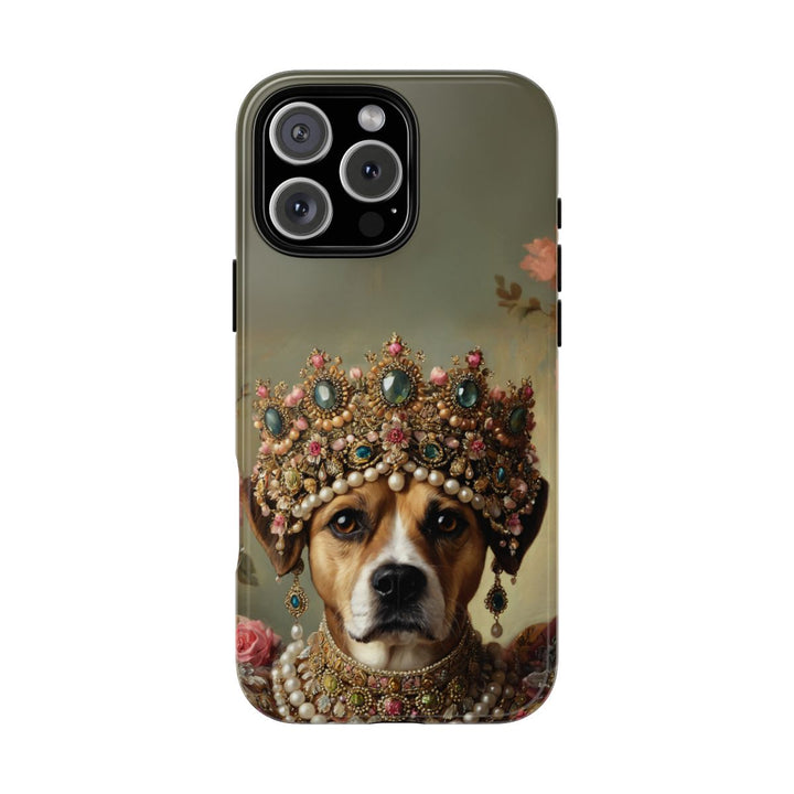 Luxury royal dog phone case – queen dog with jeweled emerald crown and pearls