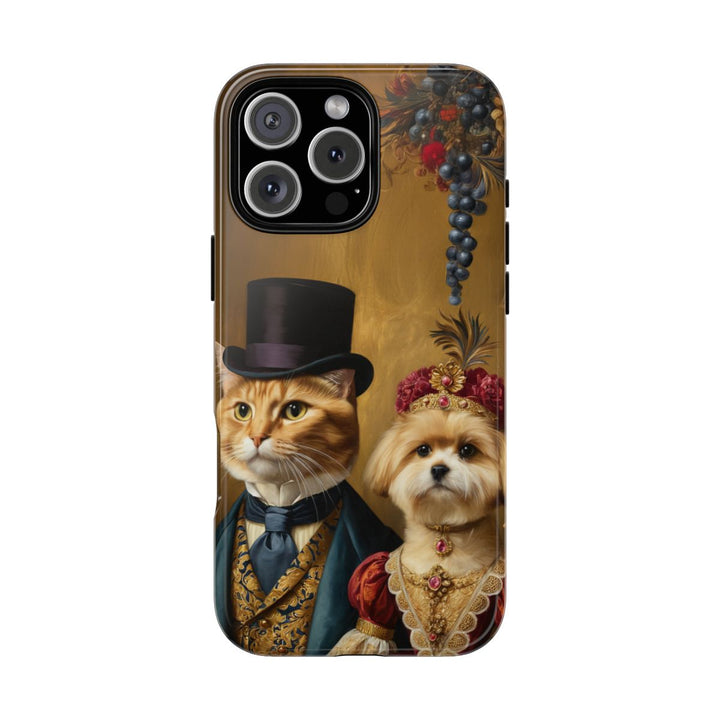 Custom cat and dog couple phone case – royal portrait with crown and top hat