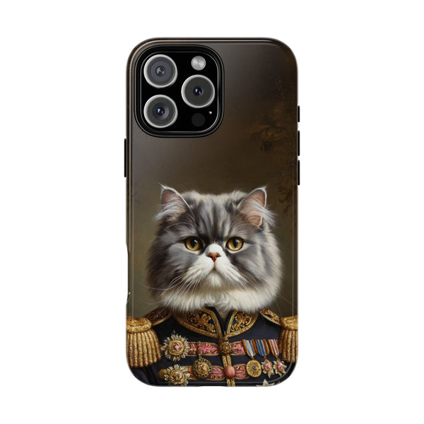 Custom grey Persian cat phone case – military portrait with medals and gold details