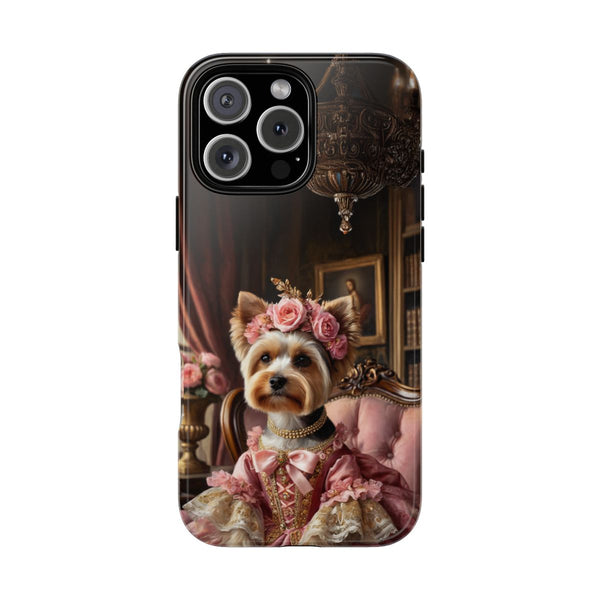 Yorkie phone case – custom pet portrait in pink gown with rose crown