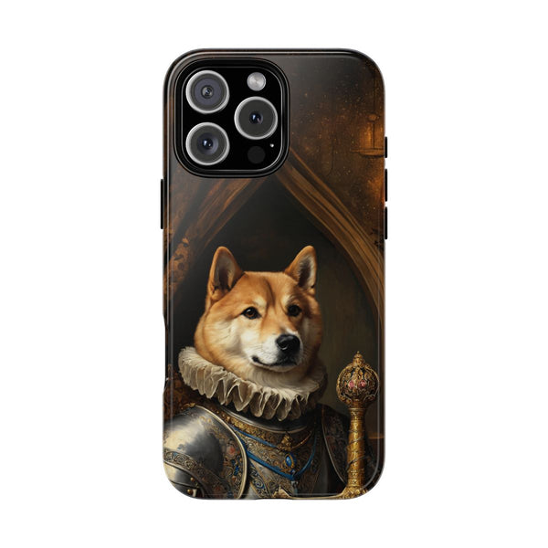 Shiba Inu phone case – royal knight portrait with armor and golden scepter