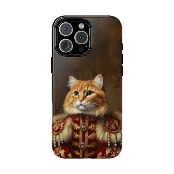 Custom cat phone case – royal pet portrait in red and gold noble outfit