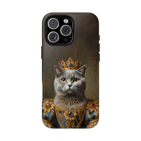 Custom cat phone case – royal pet portrait with blue and gold crown outfit