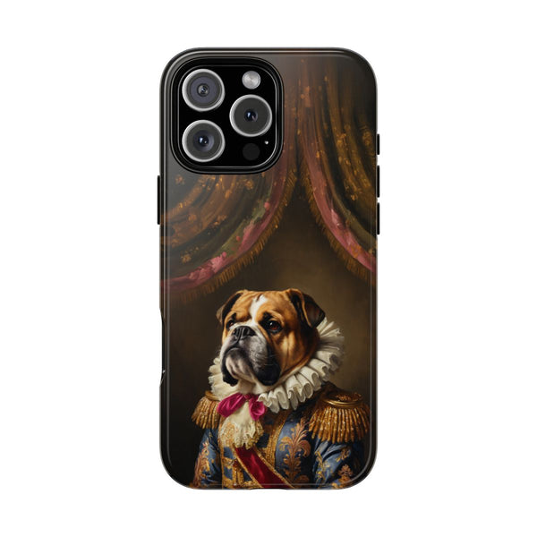 Custom Bulldog phone case – Renaissance noble portrait with lace collar and red sash