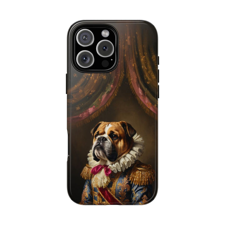 Custom Bulldog phone case – Renaissance noble portrait with lace collar and red sash