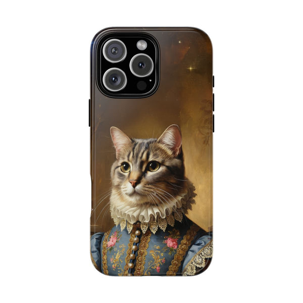 Custom cat phone case – Renaissance portrait with blue embroidered dress and lace collar
