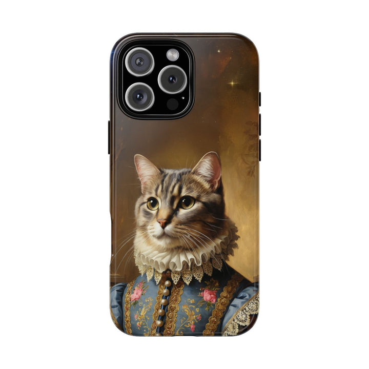 Custom cat phone case – Renaissance portrait with blue embroidered dress and lace collar
