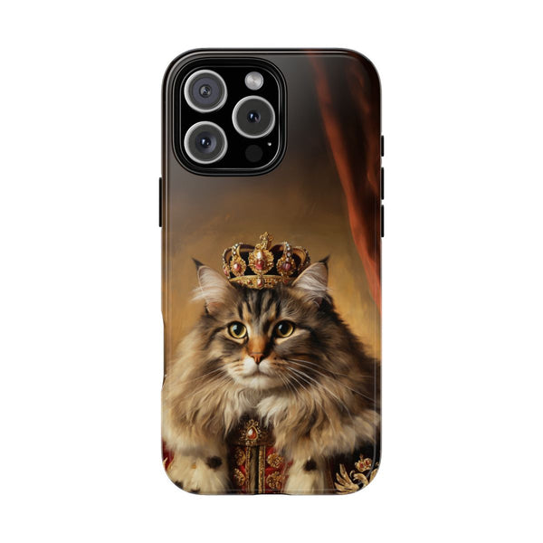 Longhaired cat phone case – royal king portrait with crown and robes