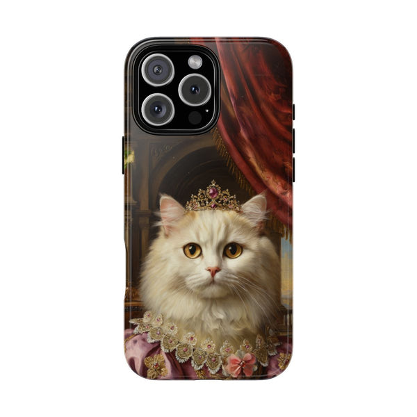 Custom white cat phone case – royal portrait with crown and pink gown