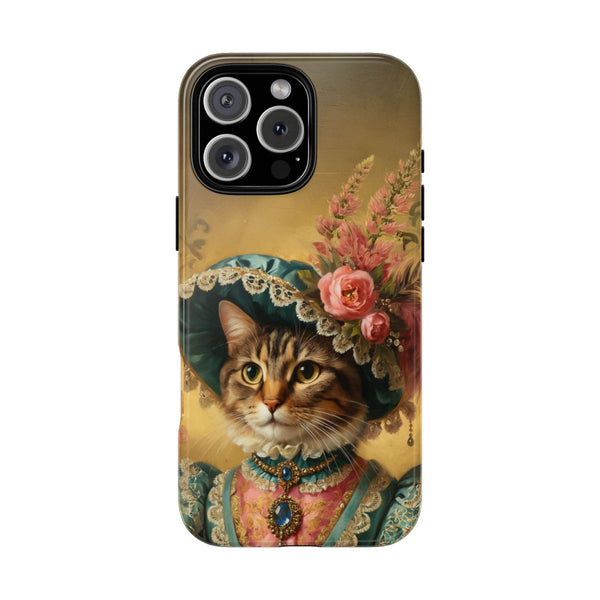 Custom cat phone case – aristocrat portrait with blue dress and floral hat