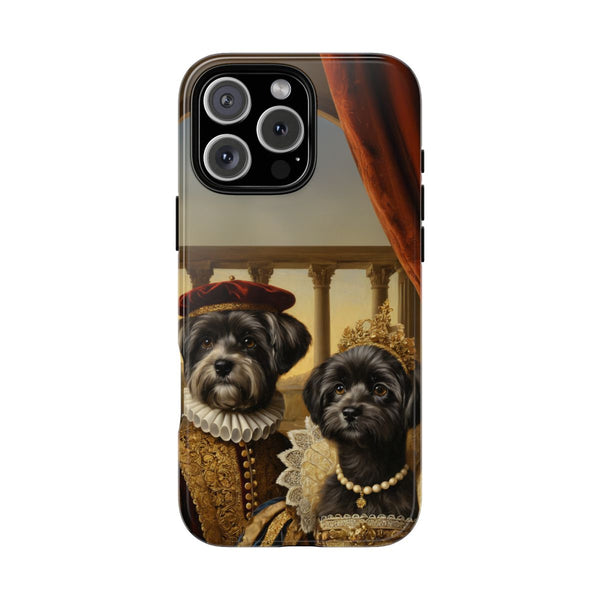 “Custom black dog couple phone case in royal attire”