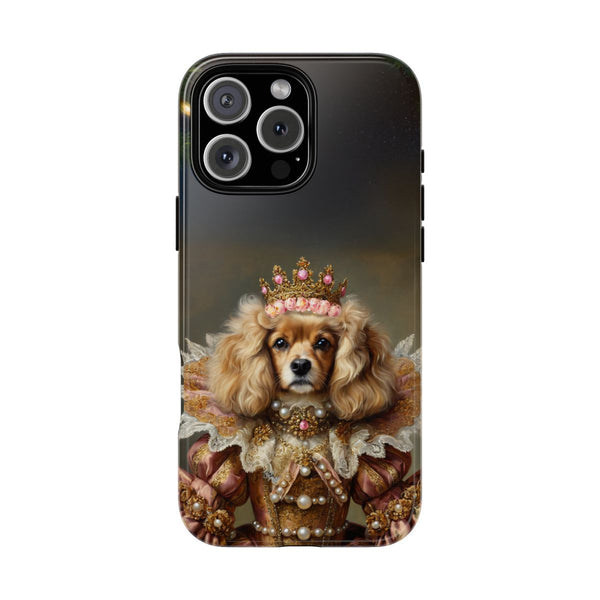 Custom dog phone case – royal portrait with golden pearl gown and crown