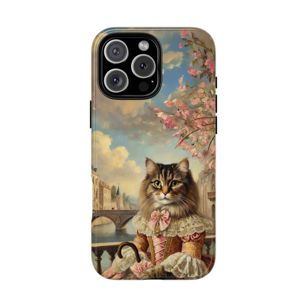Custom cat phone case – aristocrat portrait with lace dress and spring blossoms