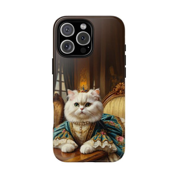 Custom white cat phone case – royal portrait with blue gown and crown