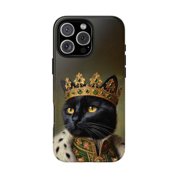 Custom black cat phone case – Renaissance portrait with golden crown and green robe